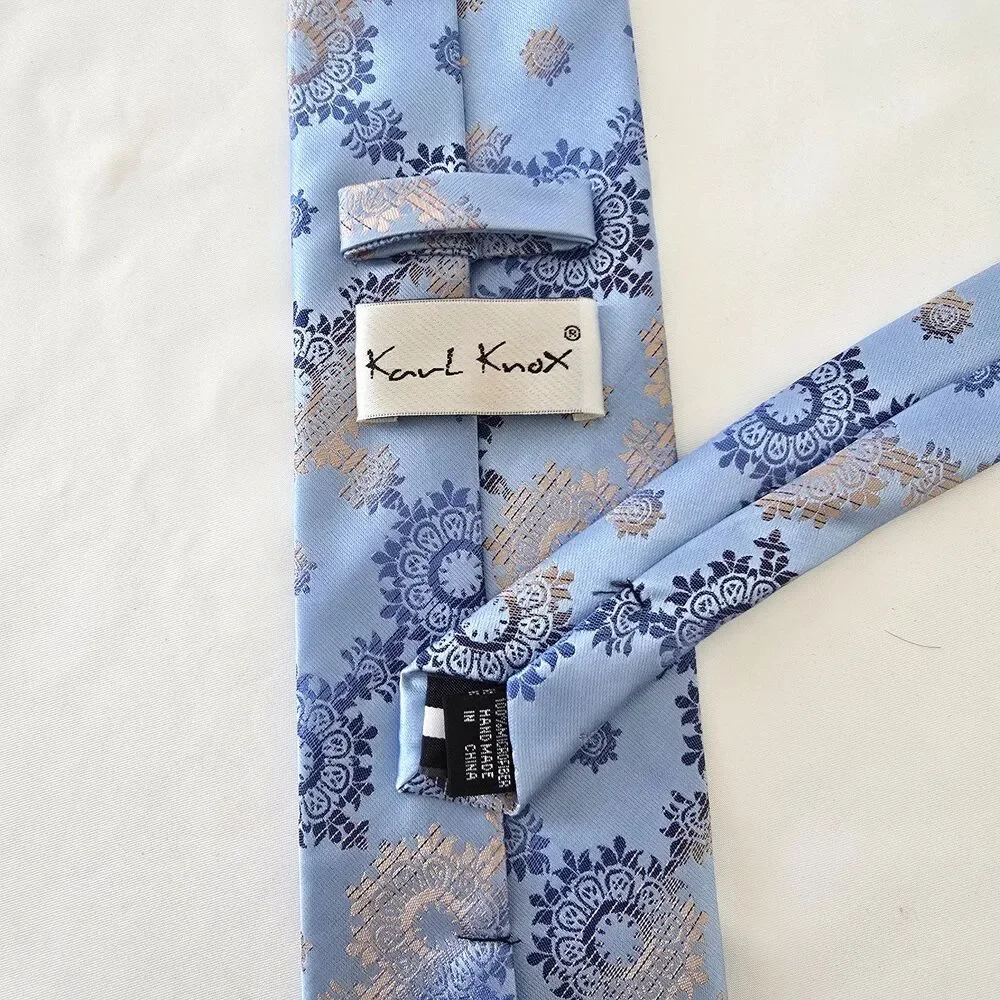 Karl Knox Stunning 100%‎ Microfiber Tie, Blue & Gold with Darker Blue Motif